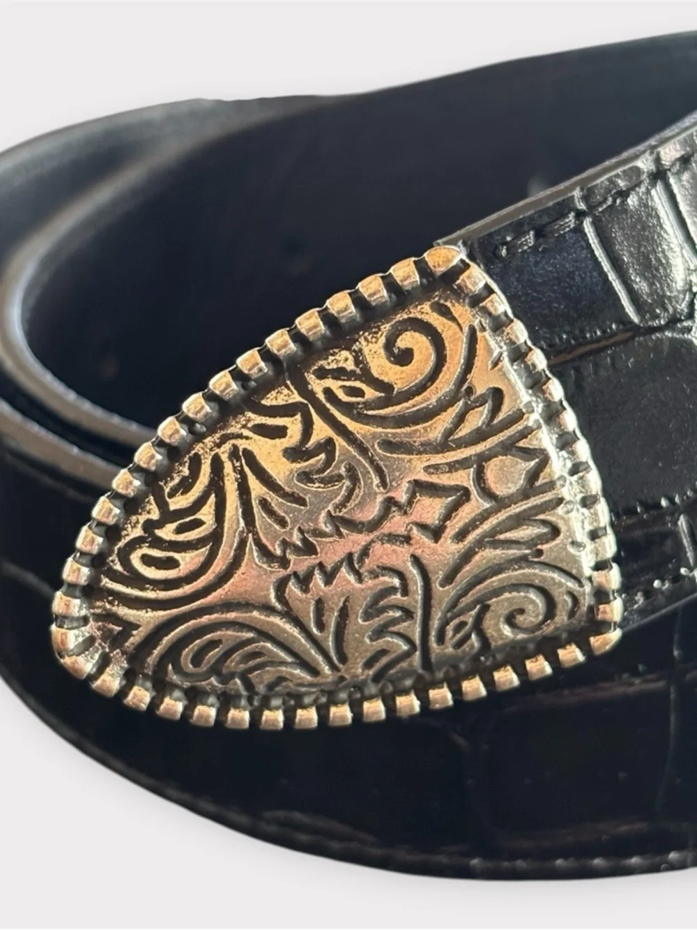 THE KOOPLES French Luxury Black Croc-Embossed Belt with Engraved Silver Buckle